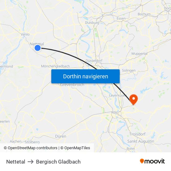 Nettetal to Bergisch Gladbach map