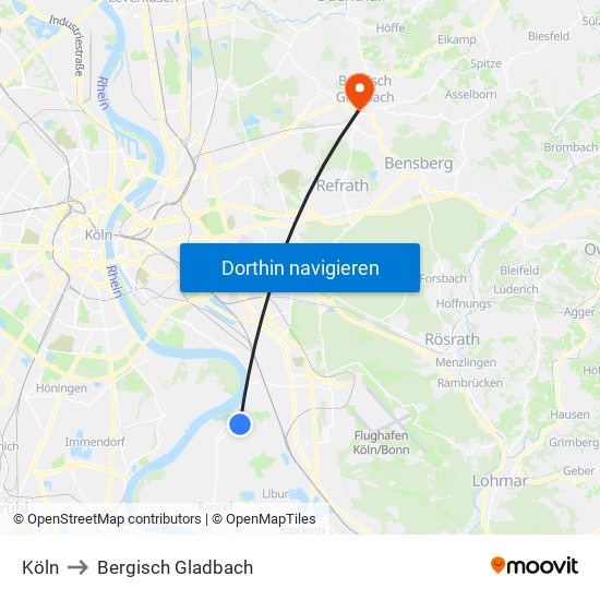 Köln to Bergisch Gladbach map