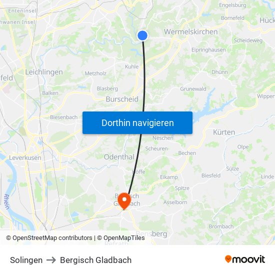 Solingen to Bergisch Gladbach map