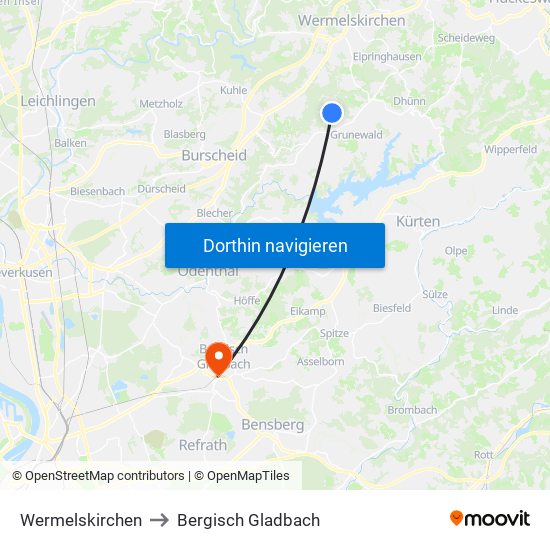 Wermelskirchen to Bergisch Gladbach map