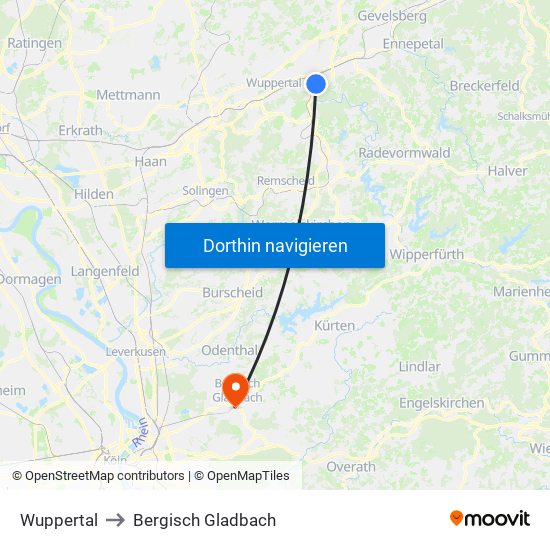 Wuppertal to Bergisch Gladbach map