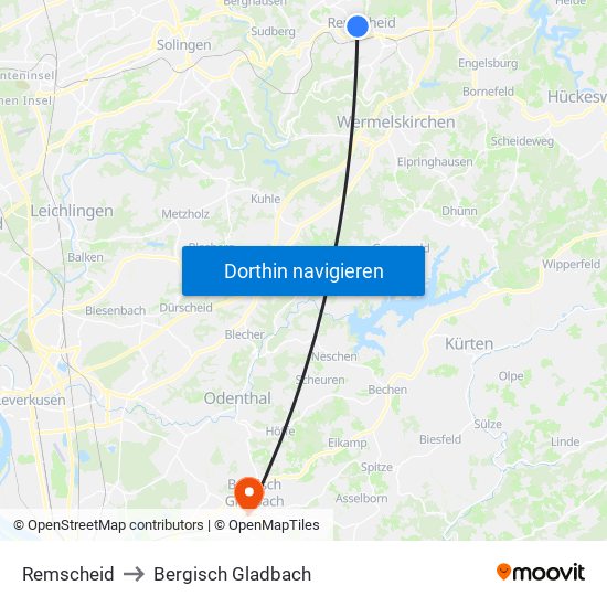 Remscheid to Bergisch Gladbach map