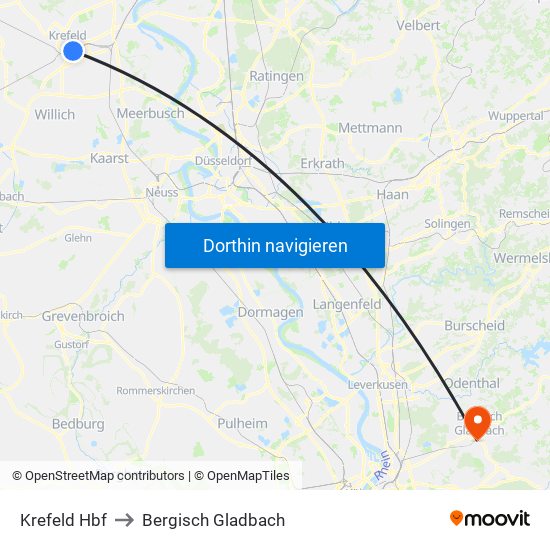 Krefeld Hbf to Bergisch Gladbach map