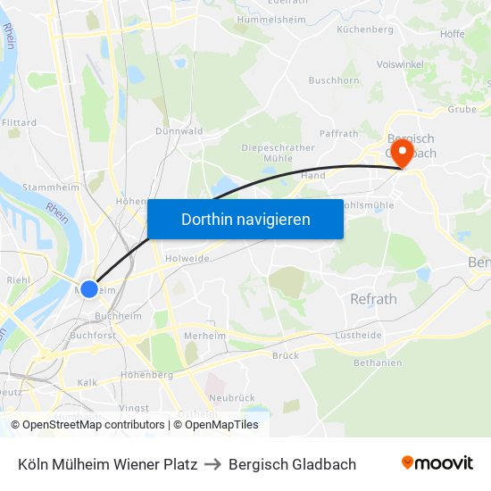Köln Mülheim Wiener Platz to Bergisch Gladbach map