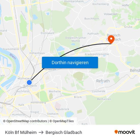 Köln Bf Mülheim to Bergisch Gladbach map