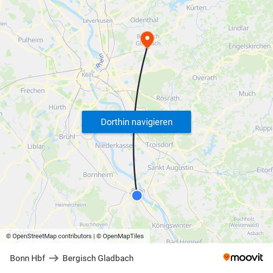 Bonn Hbf to Bergisch Gladbach map