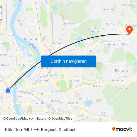 Köln Dom/Hbf to Bergisch Gladbach map