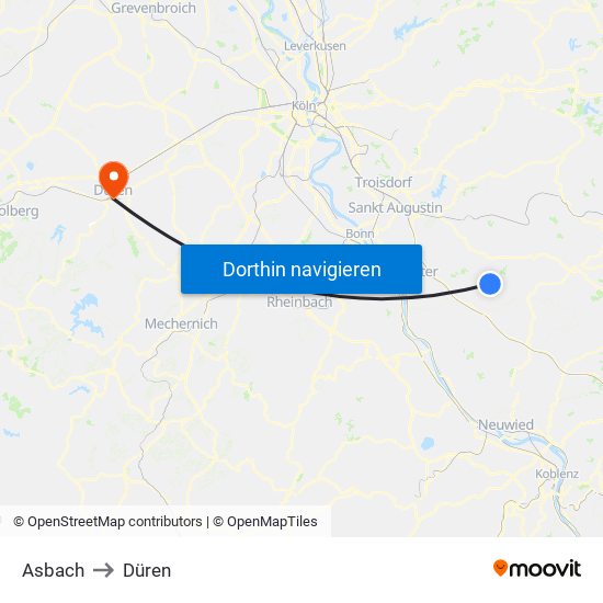 Asbach to Düren map