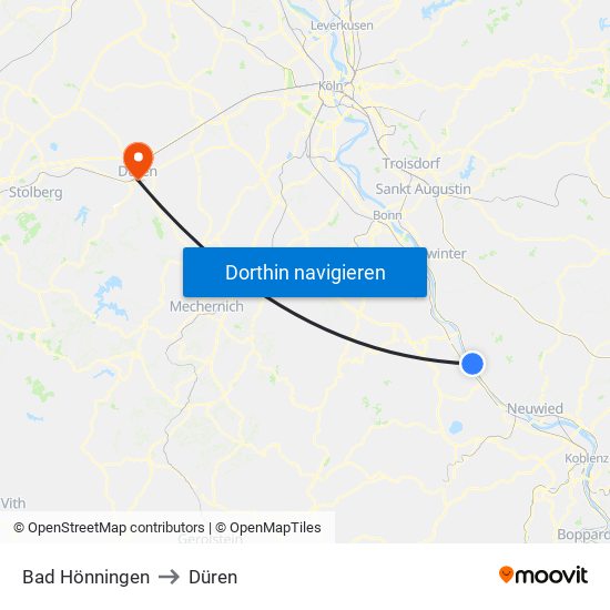 Bad Hönningen to Düren map