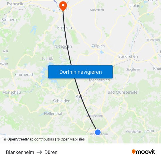 Blankenheim to Düren map