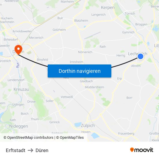 Erftstadt to Düren map