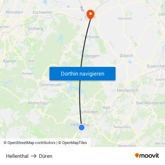 Hellenthal to Düren map