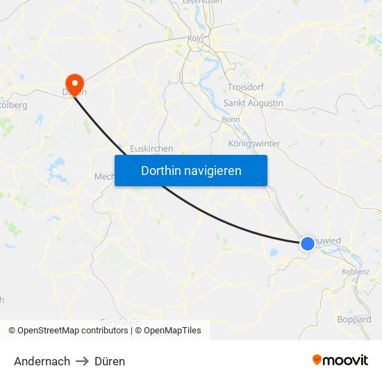 Andernach to Düren map