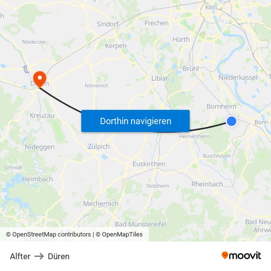Alfter to Düren map