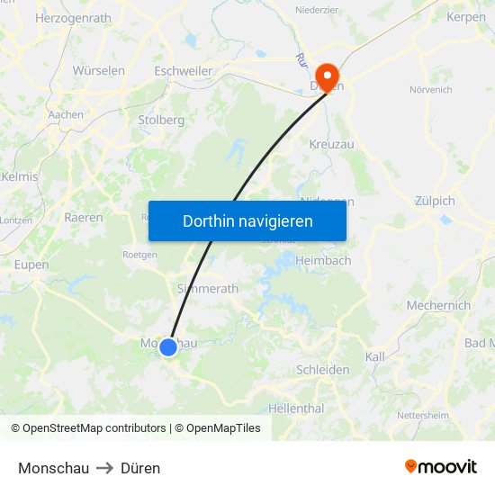 Monschau to Düren map