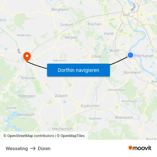 Wesseling to Düren map