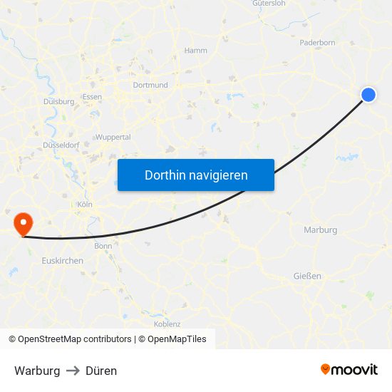 Warburg to Düren map