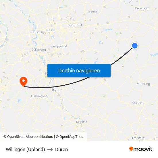 Willingen (Upland) to Düren map