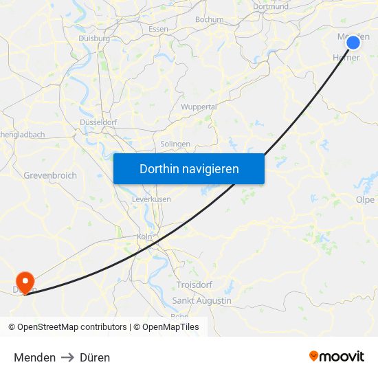 Menden to Düren map