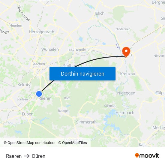 Raeren to Düren map