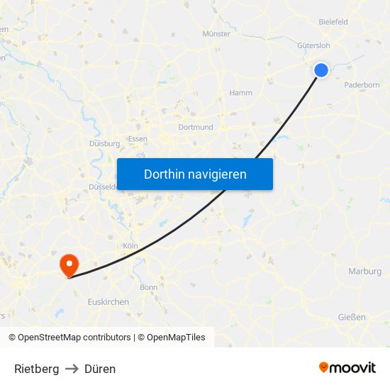 Rietberg to Düren map