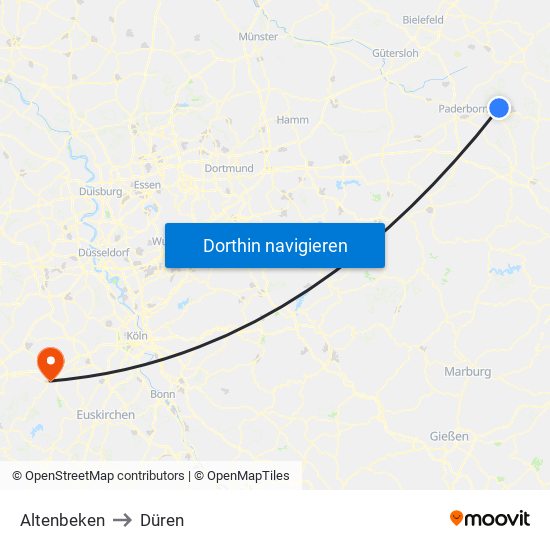 Altenbeken to Düren map