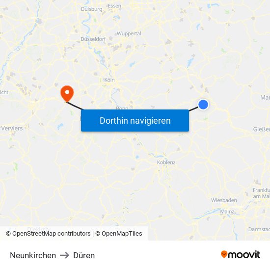 Neunkirchen to Düren map