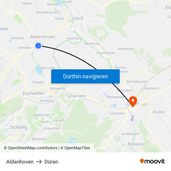 Aldenhoven to Düren map