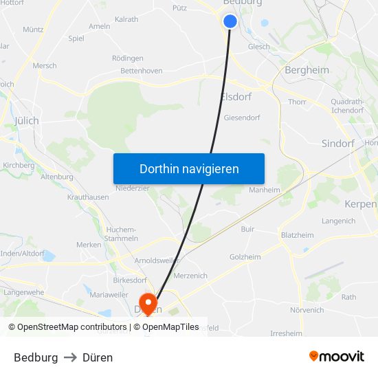 Bedburg to Düren map