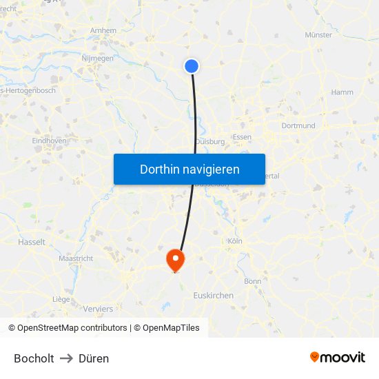 Bocholt to Düren map