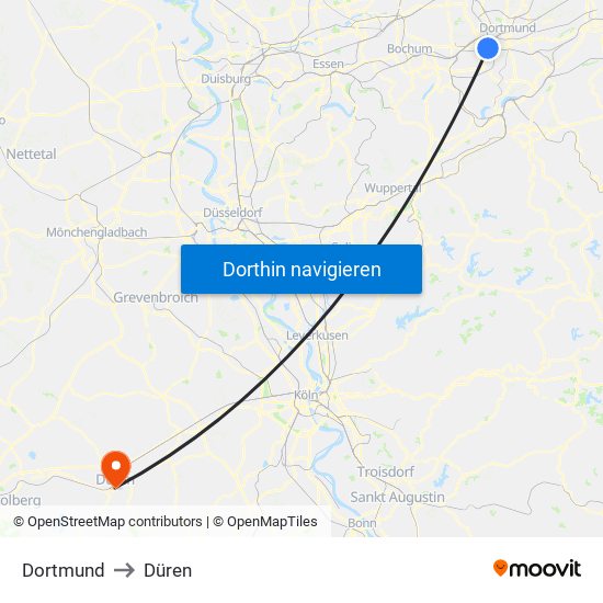 Dortmund to Düren map