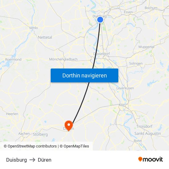 Duisburg to Düren map