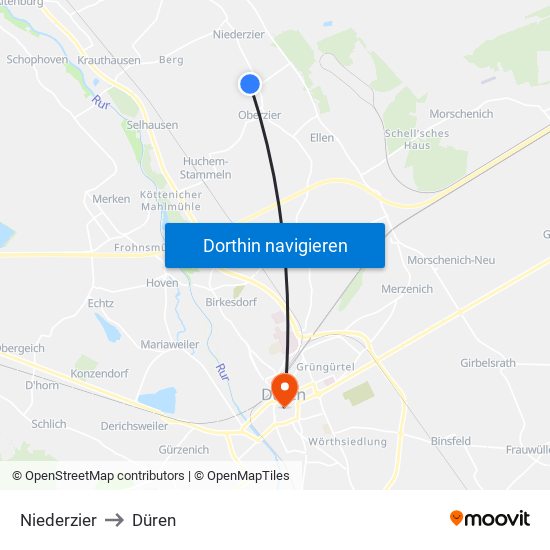 Niederzier to Düren map