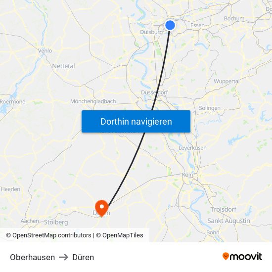 Oberhausen to Düren map