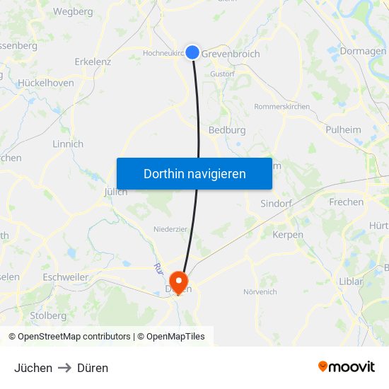 Jüchen to Düren map