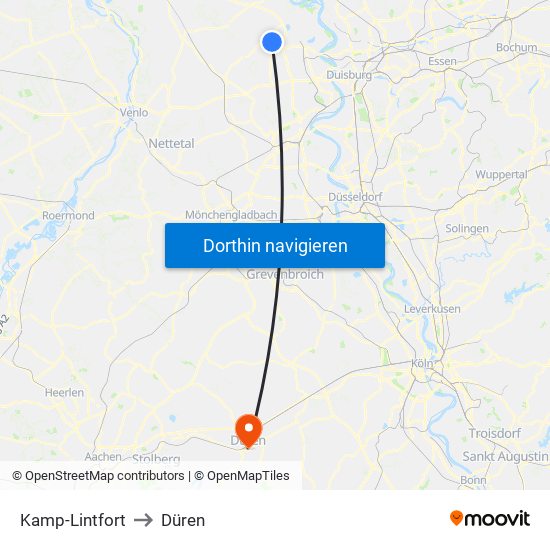 Kamp-Lintfort to Düren map