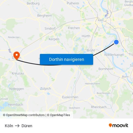 Köln to Düren map