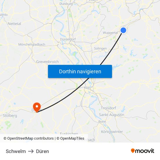 Schwelm to Düren map