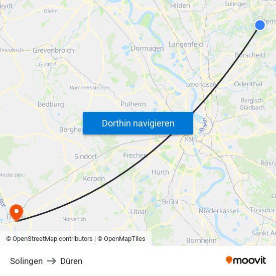 Solingen to Düren map