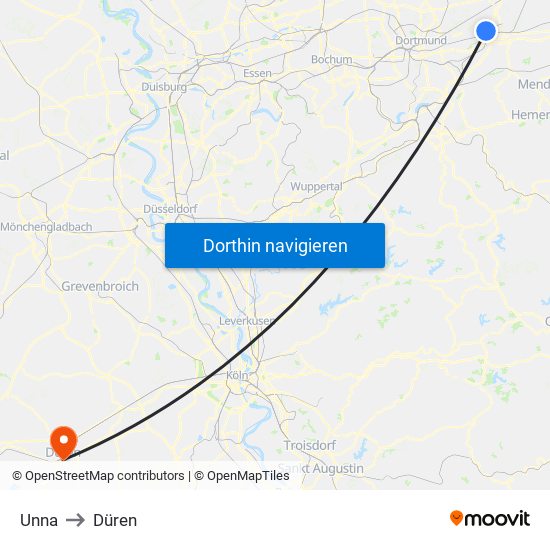 Unna to Düren map