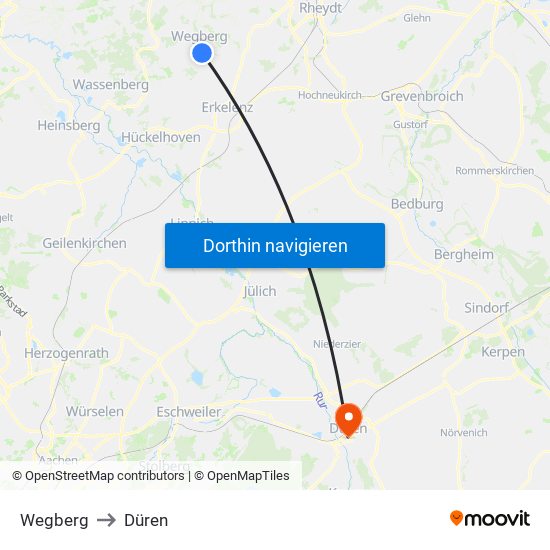 Wegberg to Düren map