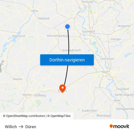 Willich to Düren map