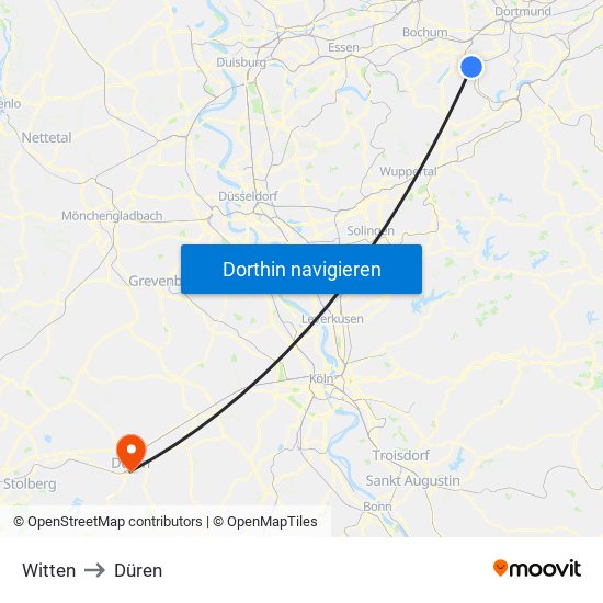 Witten to Düren map