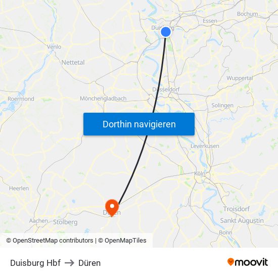 Duisburg Hbf to Düren map
