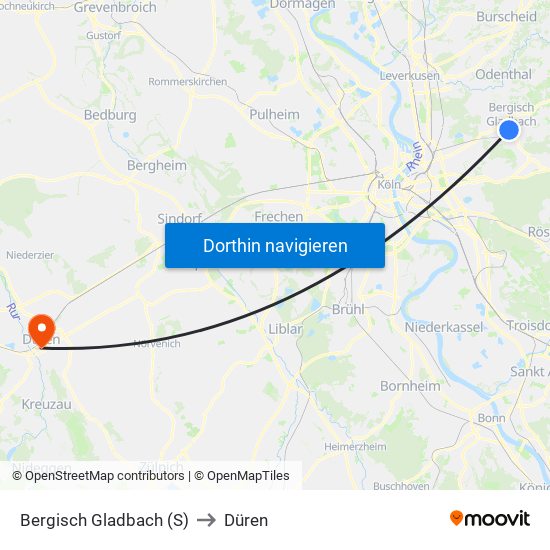 Bergisch Gladbach (S) to Düren map