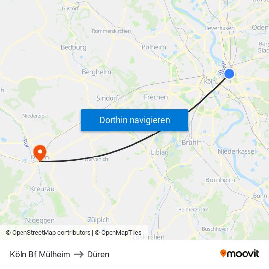 Köln Bf Mülheim to Düren map