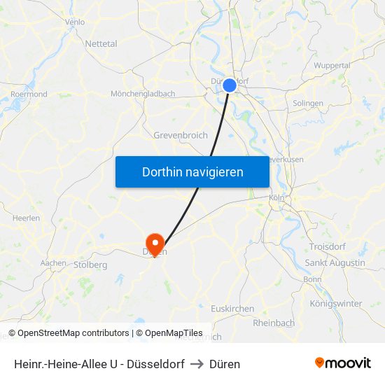 Heinr.-Heine-Allee U - Düsseldorf to Düren map