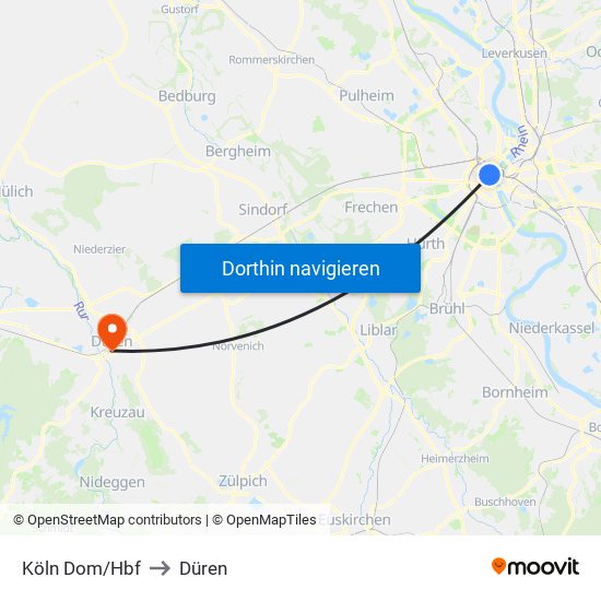 Köln Dom/Hbf to Düren map