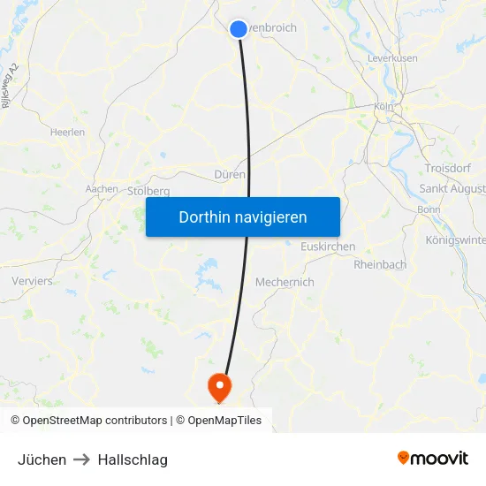 Jüchen to Hallschlag map