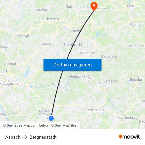 Asbach to Bergneustadt map